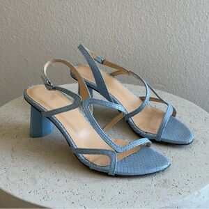 BY FAR Brigette pastel blue leather snake print sandals, size 36.